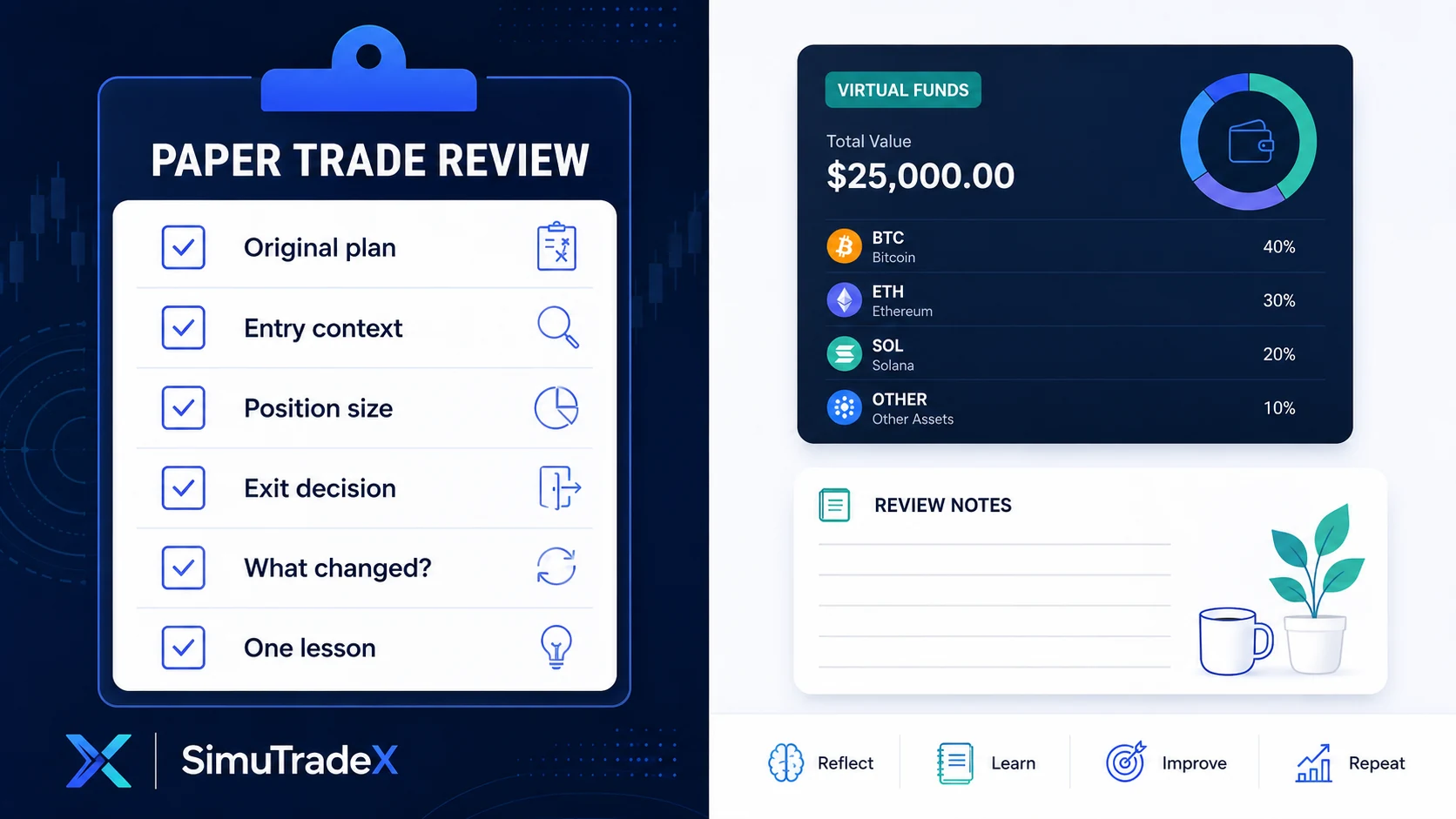 Paper trade review checklist with virtual funds and portfolio context